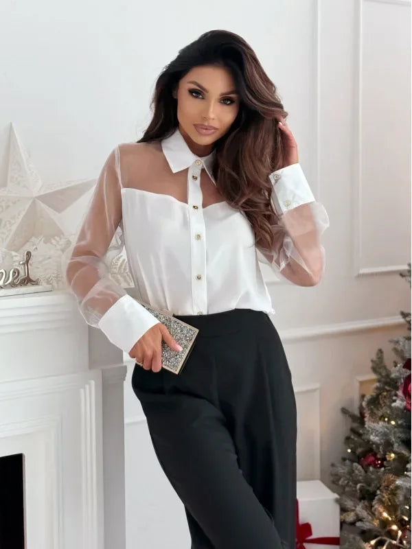 Women's Elegant Solid Color Stand Collar Blouse Long Sleeve Casual Shirt with Mesh Patchwork Detail