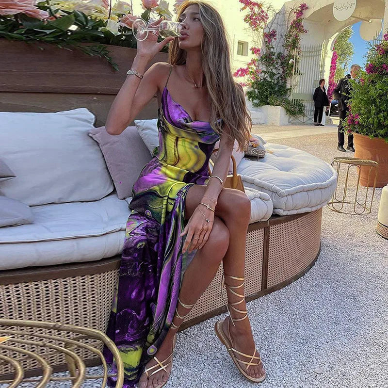 Backless Summer Print Dress with Slit and Spaghetti Straps