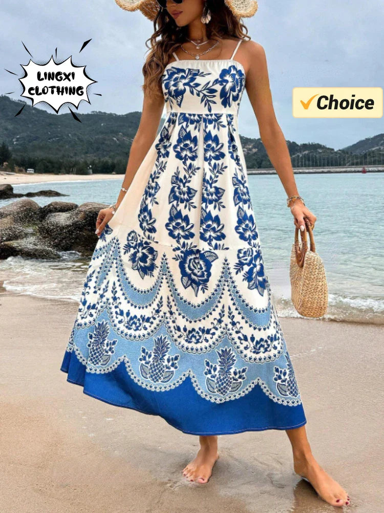 Elegant Women's Printed Maxi Dress for Summer Vacation