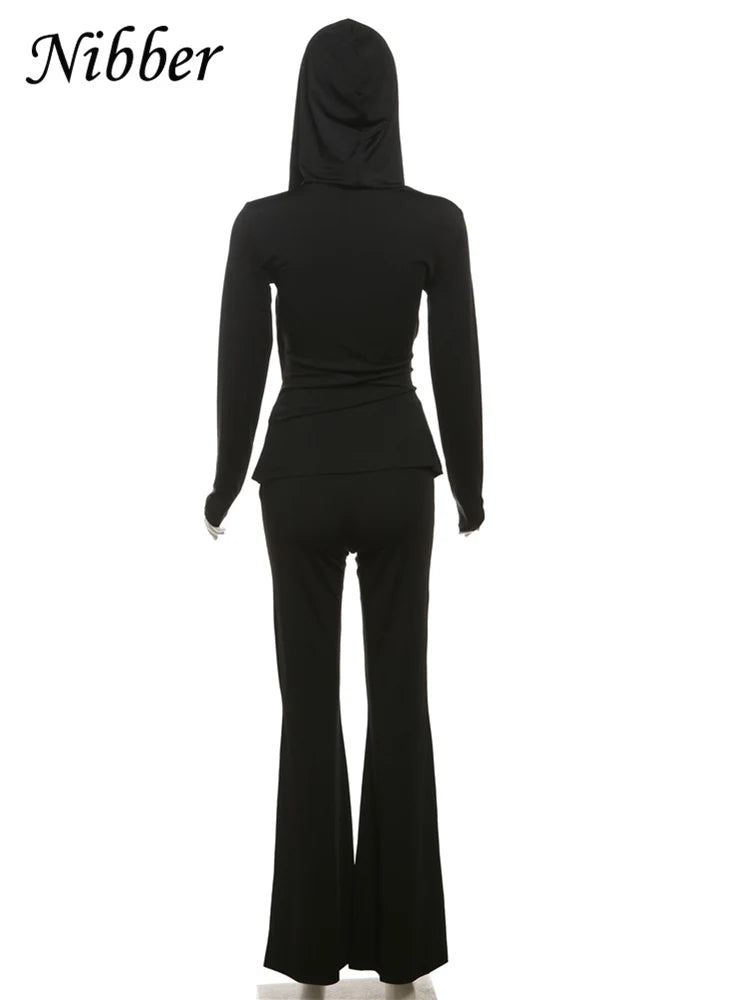 Elegant Two Piece Set for Women with Hooded Low Neck Long Sleeve Top and Solid Flared Pants Casual Trendy Outfit