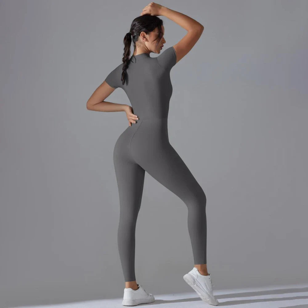 Womens Short Sleeve Yoga Jumpsuit Slim Fit Stretch One Piece Romper with Front Zipper Sexy Fitness Activewear Basic Sportwear in Black