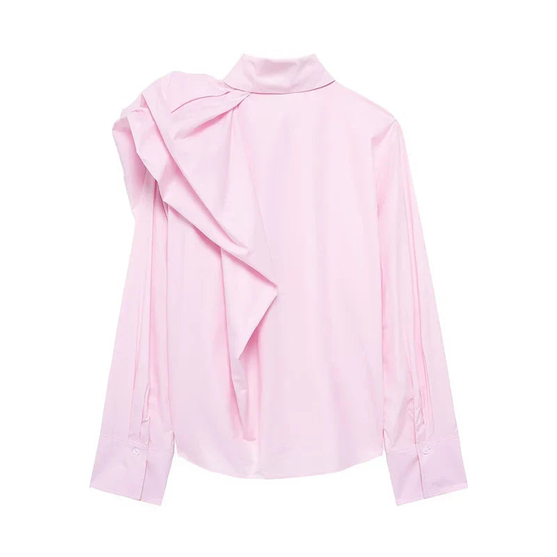 Women Long Sleeve Blouse with Turn Down Collar Pink Spring Top Chic Shoulder Design Office Shirt for Ladies