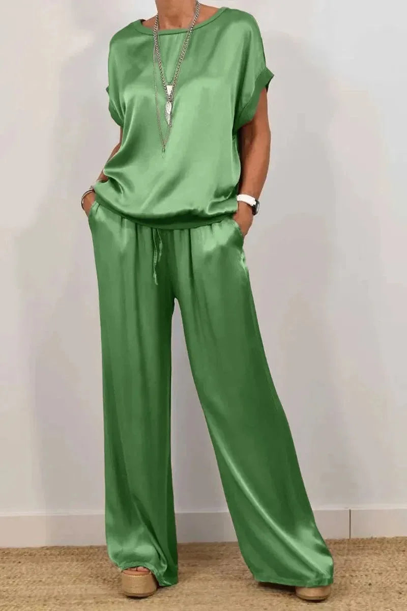 Smooth Satin Two Piece Set Women's Casual Outfit with O-neck Short Sleeve Top and Wide Leg Pant