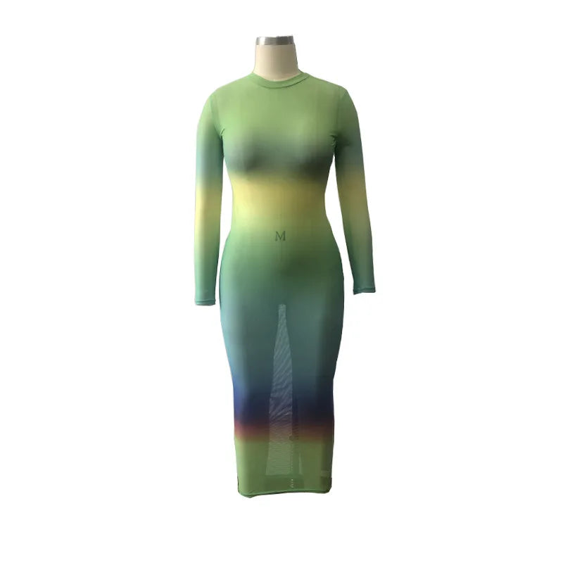 Rainbow Gradient Sheer O Neck Dress For Clubwear Nights