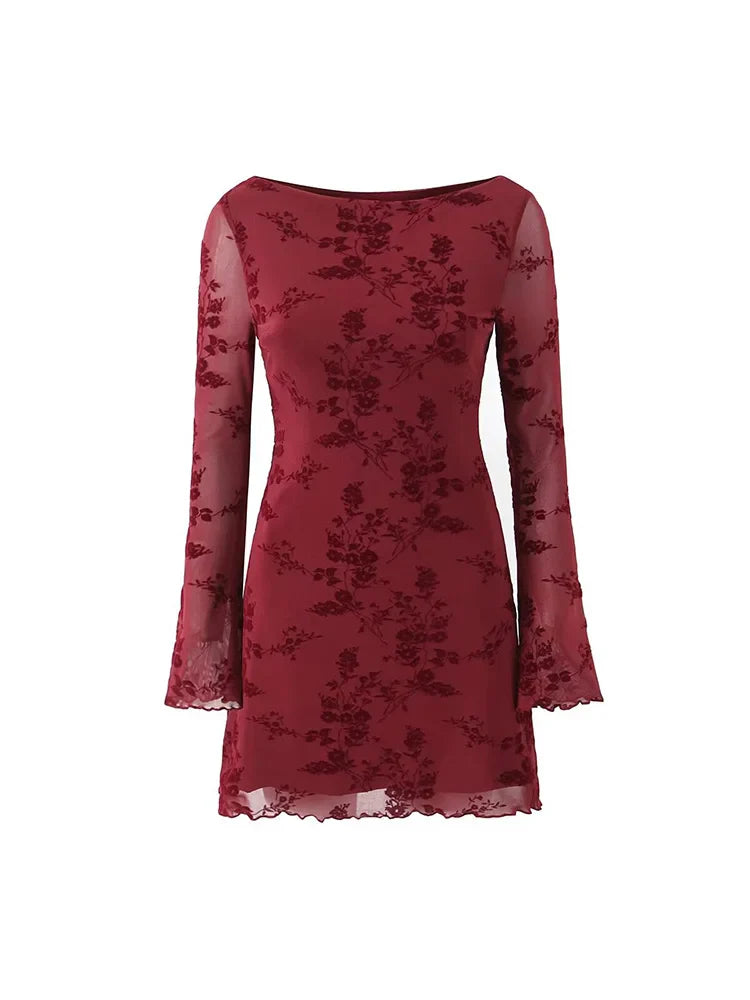 Retro Flocked Print High Waist Long Sleeve Dress Slim Fit