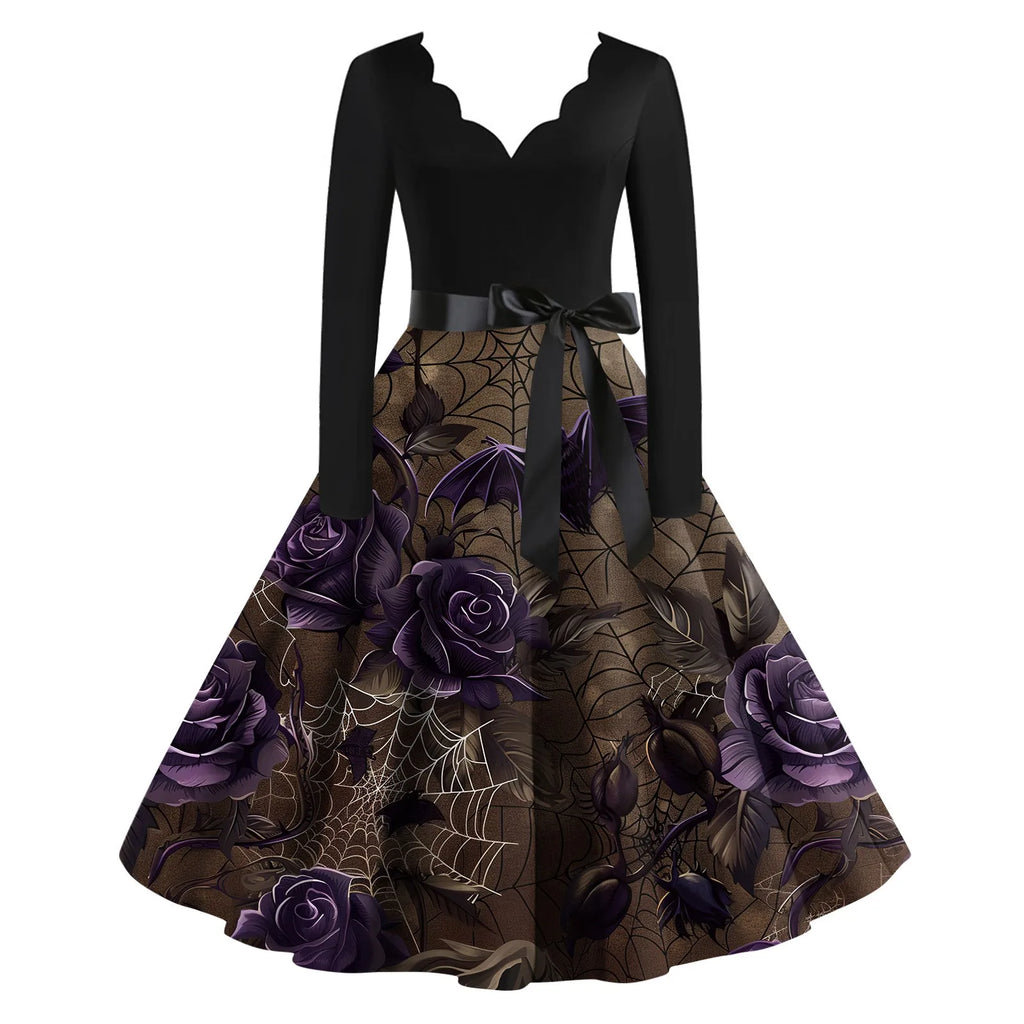 Halloween Printed V Neck Vintage Casual Dress for Women