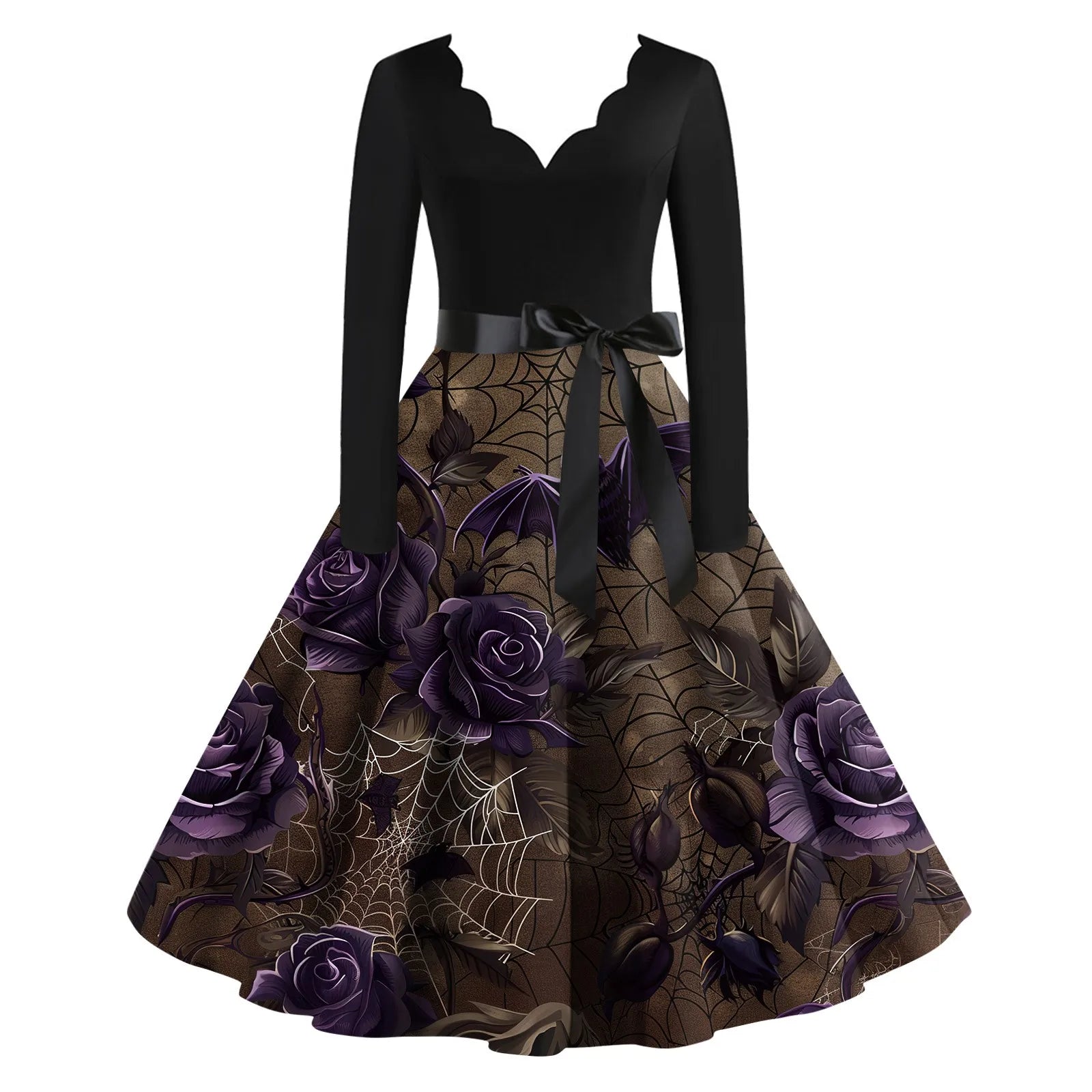 Halloween Printed V Neck Vintage Casual Dress for Women