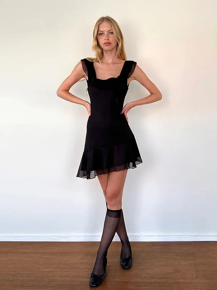 Sexy Tassels Patchwork Chiffon Mini Dress Sleeveless Zipper