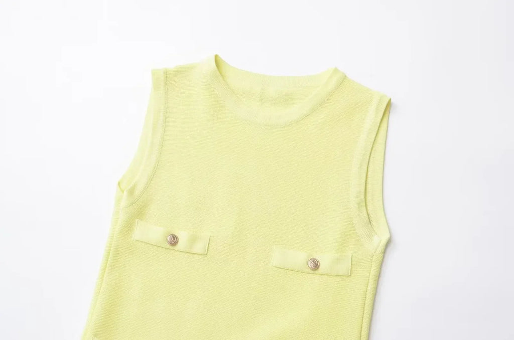 Yellow Knit Pleated Hem Mini Dress With Front Pockets