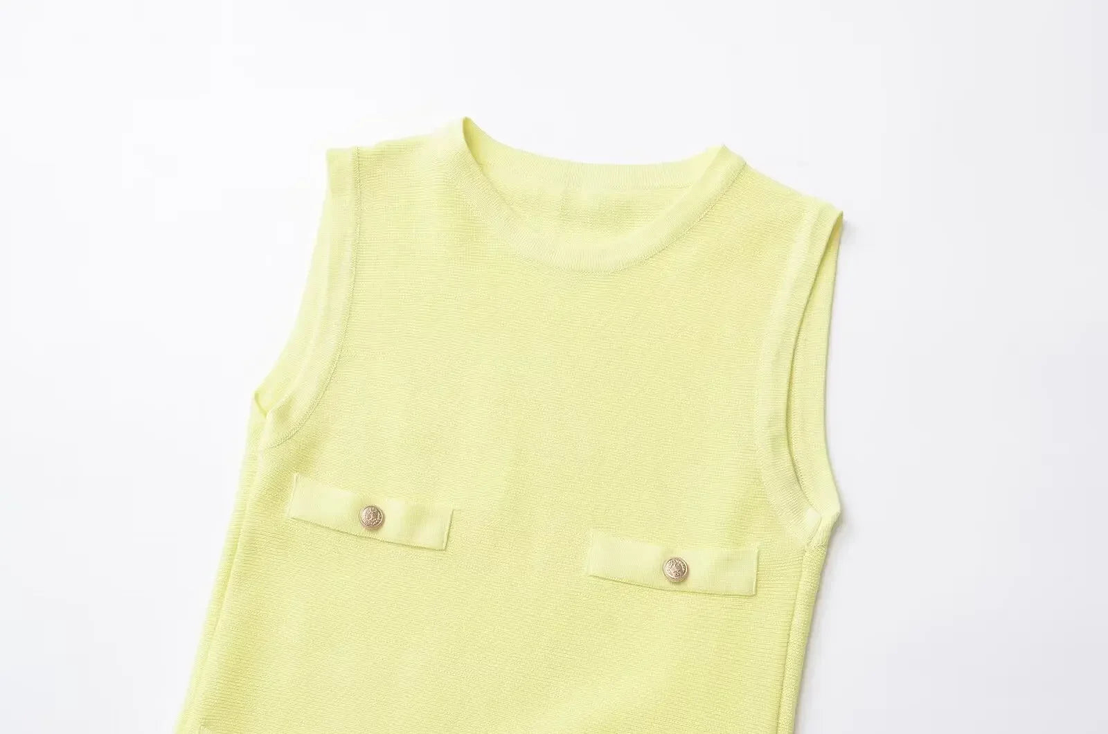 Yellow Knit Pleated Hem Mini Dress With Front Pockets