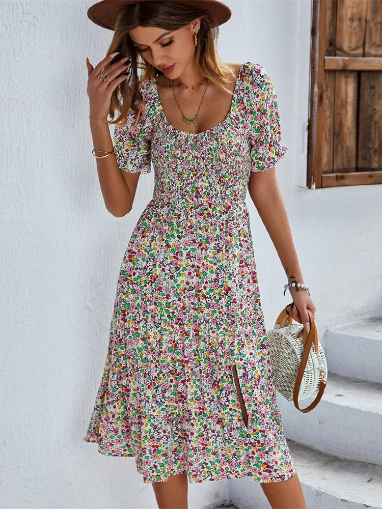 Boho Floral Sundress For Women Vintage Beach Bohemian Dress