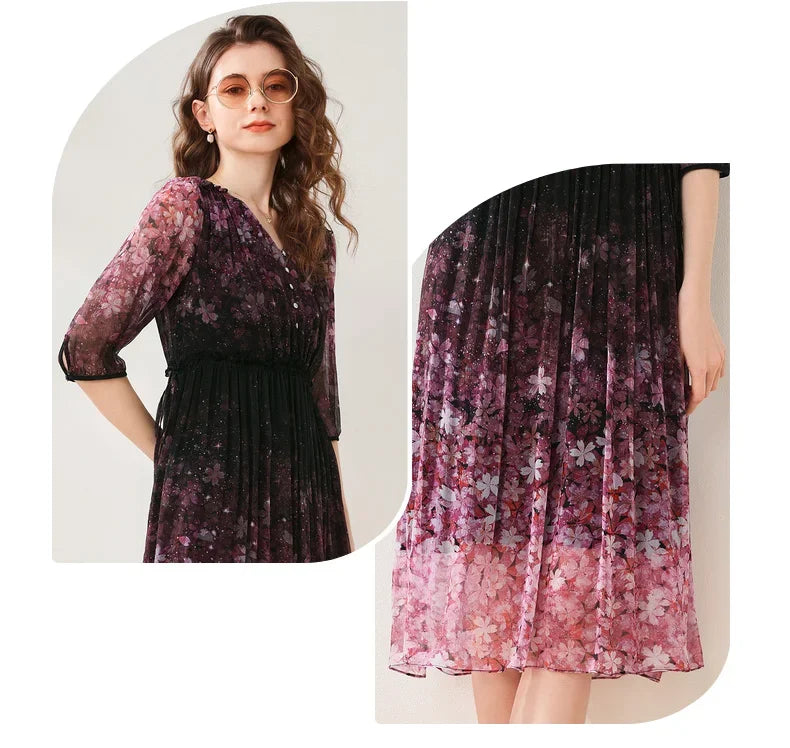 Purple Floral Chiffon Dress With V Neck And Lantern Sleeves