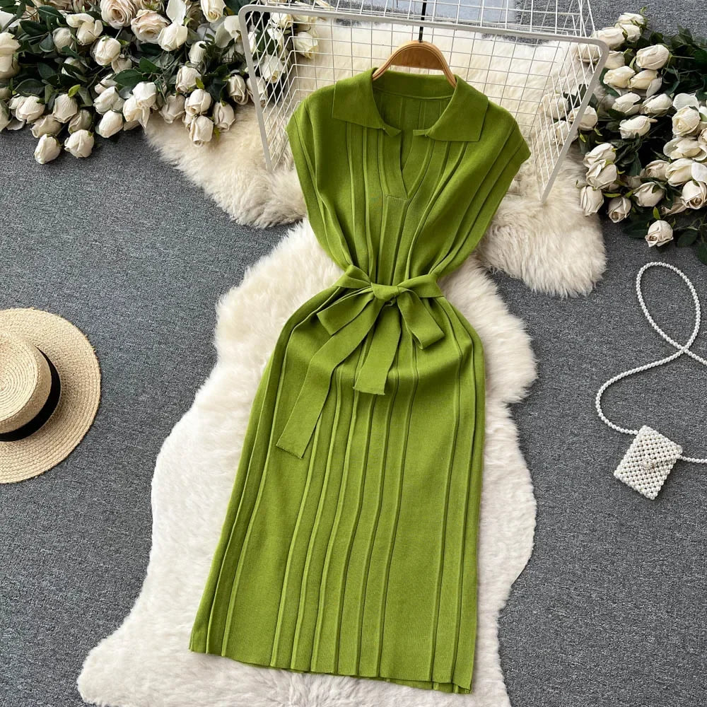 Solid Pleated Knitted Dress For Women Loose Fit Maxi