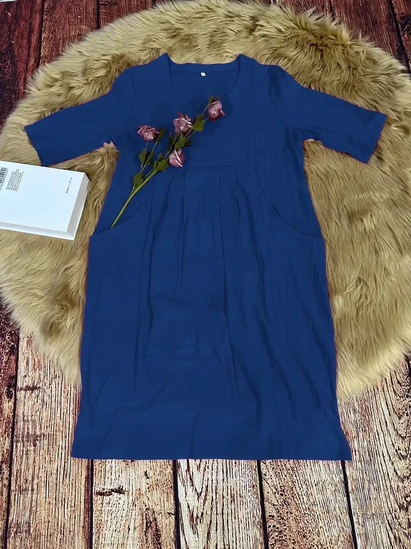 Cotton Lightweight Casual Five Sleeve Dress In Plain Color