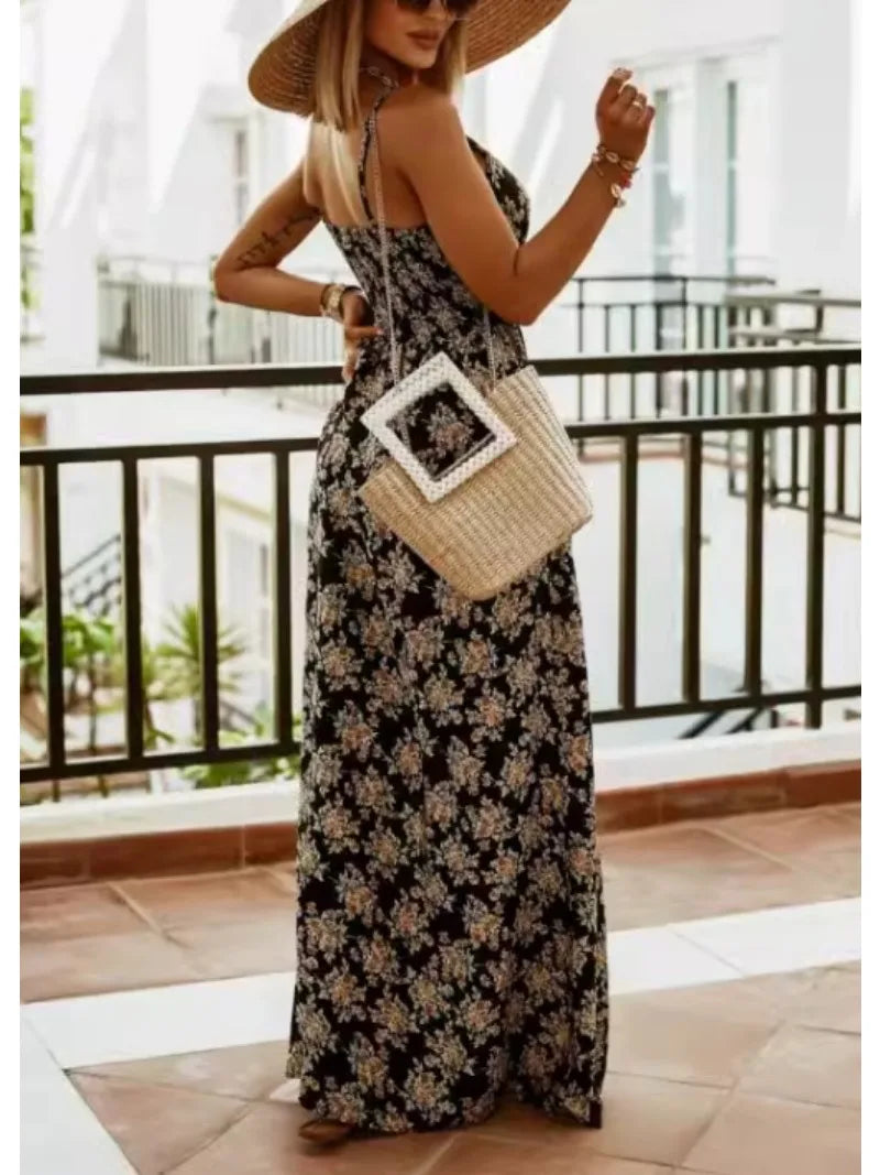 Bohemian Floral Chiffon Summer Dress With V Neckline