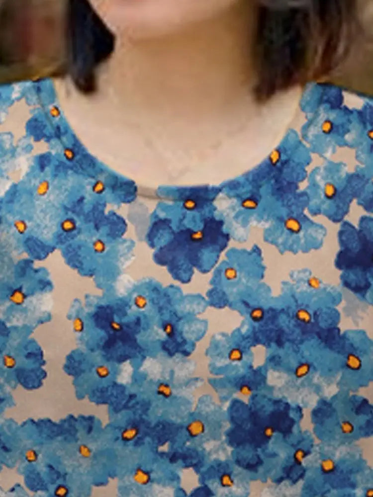 Floral Boho Knee Length Dress With Short Sleeves Blue