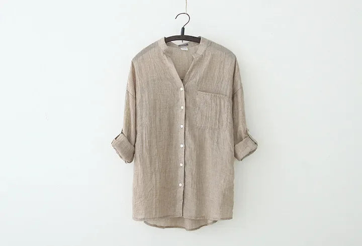 Elegant Feminine Cotton Linen Blouse Large Size Vintage Style Summer Shirt for Women Fashionable Lightweight Korean Inspired Top