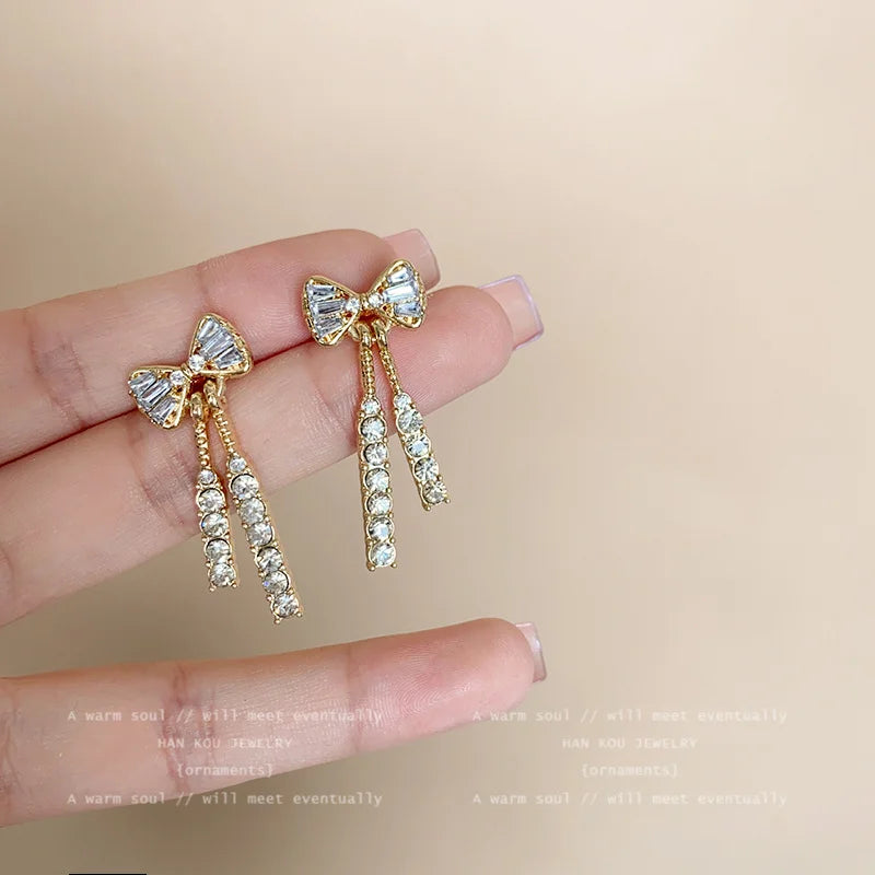 Gold Color Shiny Bow Stud Earrings With Rhinestones For Women Fashion Jewelry Gift