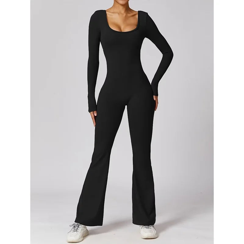 Long Sleeved U-Neck Tight Fit Backless Jumpsuit for Autumn and Winter Yoga Sports and Leisure