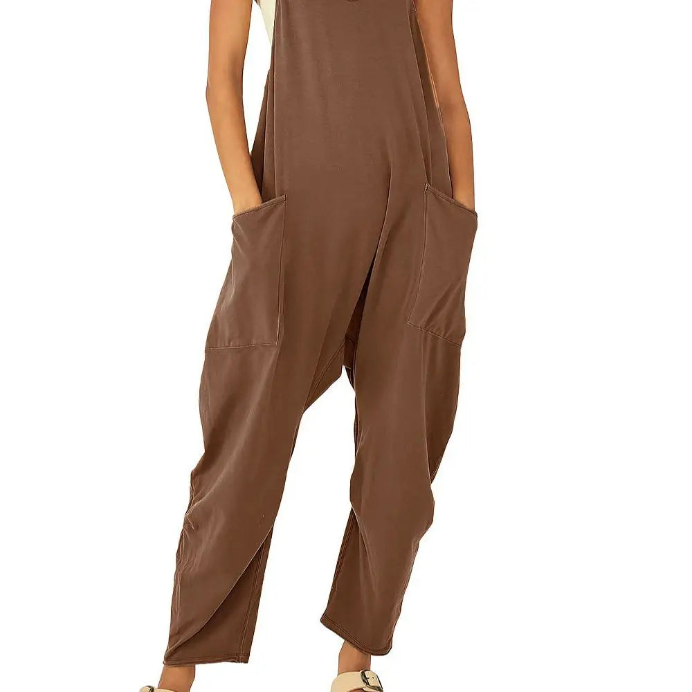 Loose Fit Women's Pure Color Patch Pocket Zipper Suspender Jumpsuit Casual Chic Overall