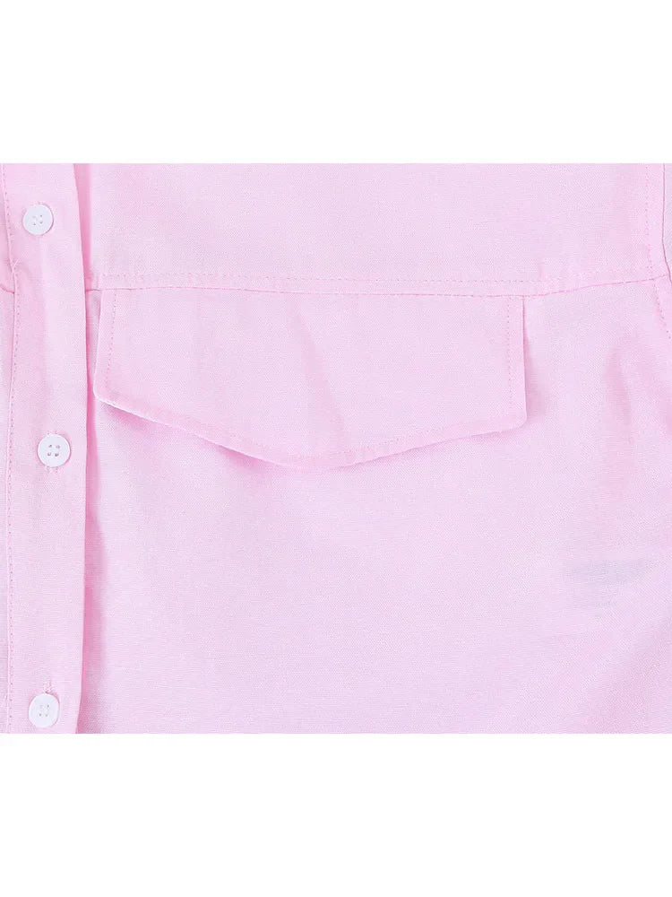 Women's Pink Patchwork Cropped Shirt Long Sleeve Button-Up Blouse Trendy Streetwear Top for Ladies