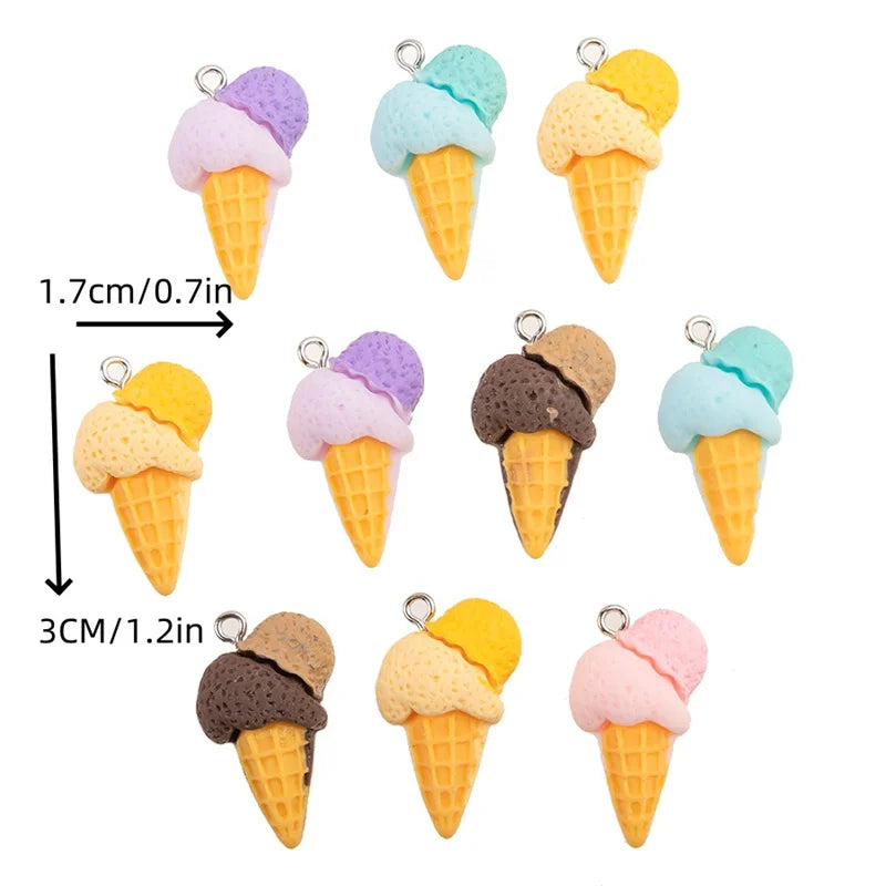 10Pcs Cute 3D Ice Cream Resin Charms for DIY Jewelry and Craft Accessories 38mm x 15mm