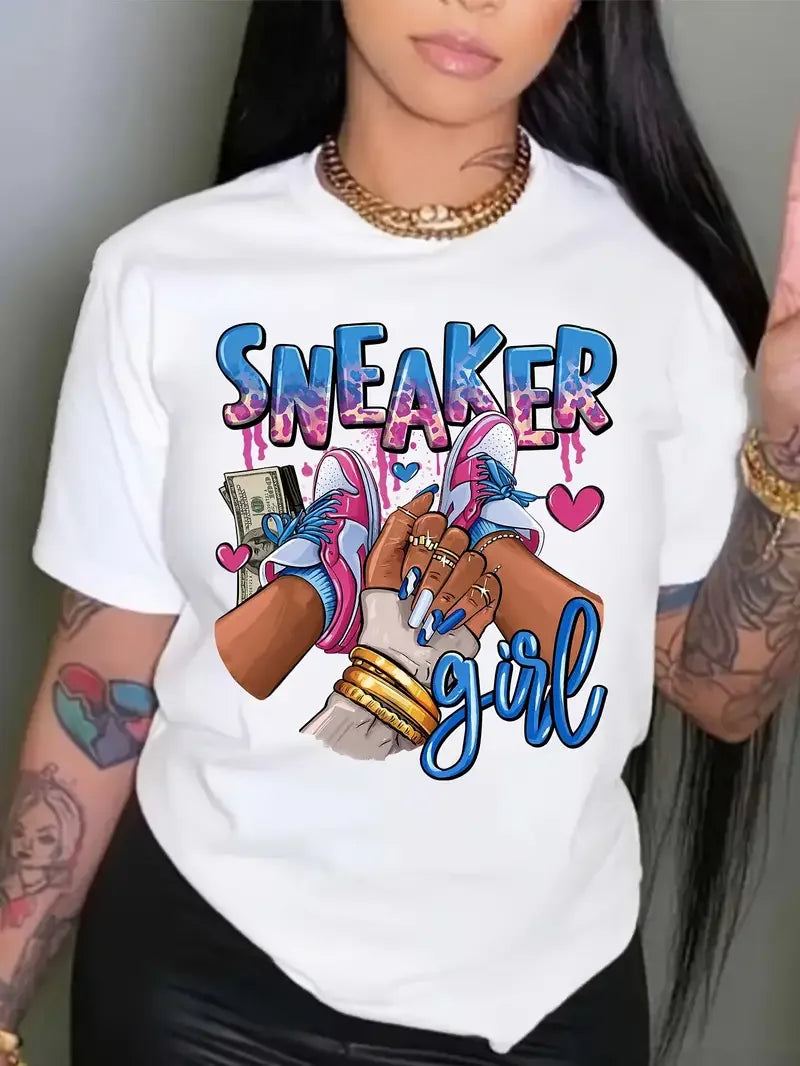 Sneaker Girl Graphic Print Casual T-Shirt for Women Short Sleeve Crew Neck Kawaii Tee