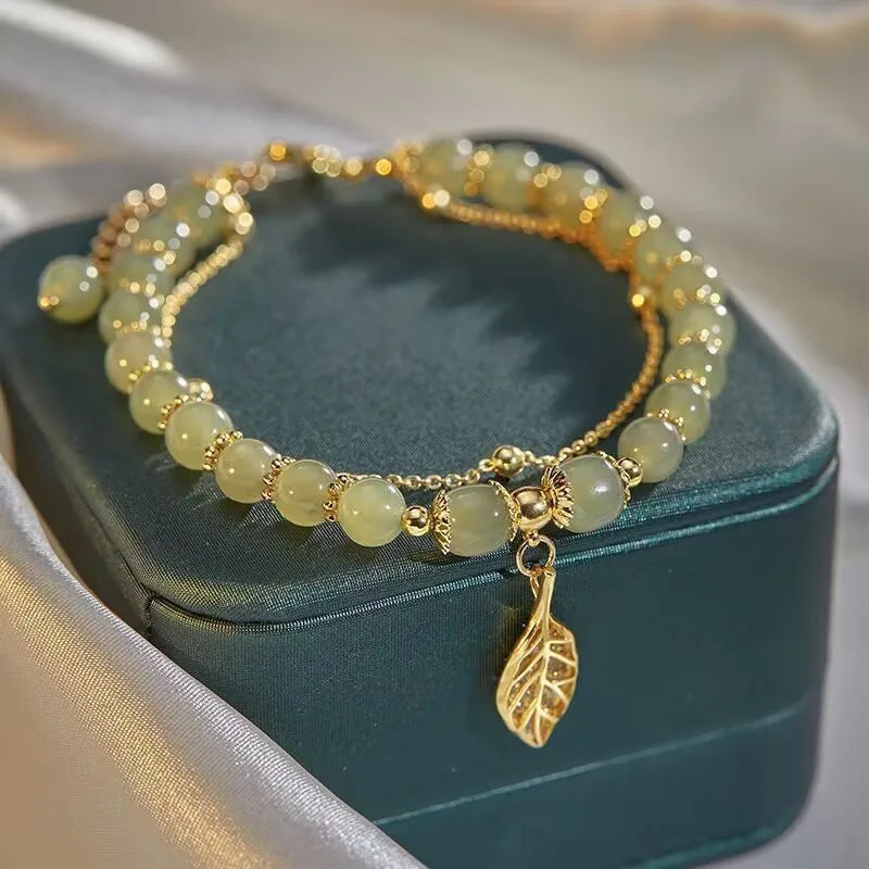 Chinese Style Green Jade Bracelet for Women with Gold Leaves Double Chain Design Elegant Bangle Gift for Special Occasions