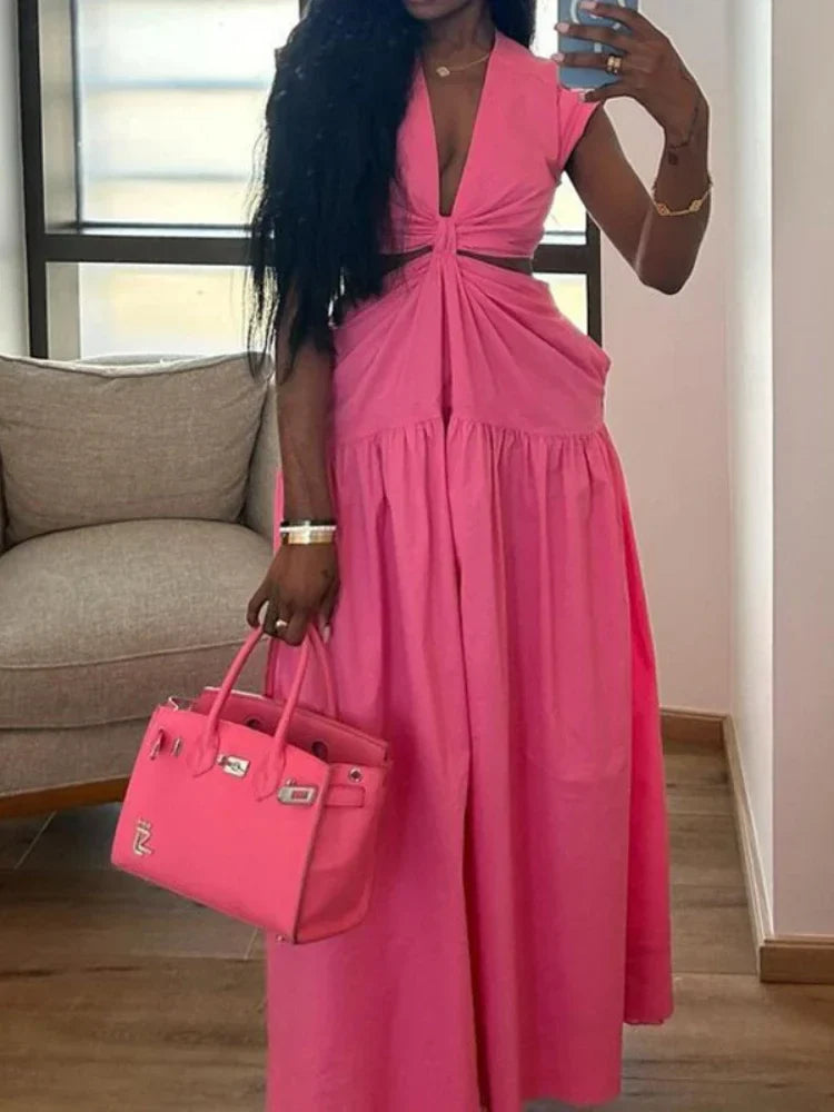 Beach Maxi Dress V Neck Sleeveless Lace Up Solid Color