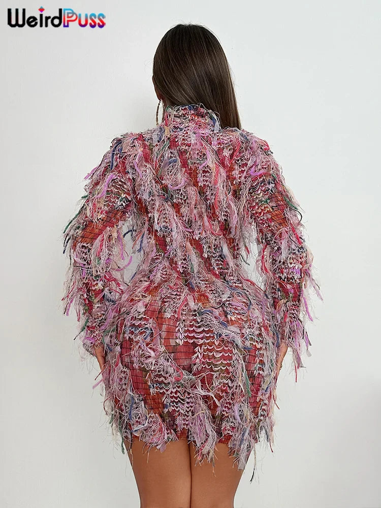 Crochet See Through Dress With Colorful Tassels Bodycon