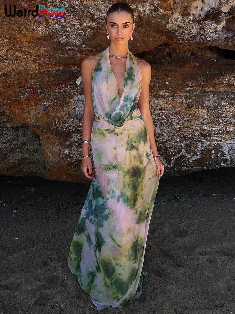 Backless Halter Bandage Tank Top and Mesh Ruffles Tie-Dye Skirt Two-Piece Summer Set for Women