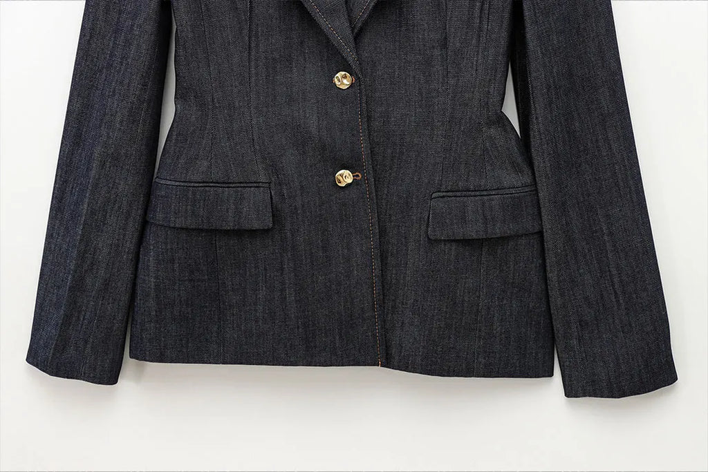 Women's Denim Jacket and Pants Set with Long Sleeve Blazer, Strapless Vest, and Straight Leg Jeans Fashion Outfit