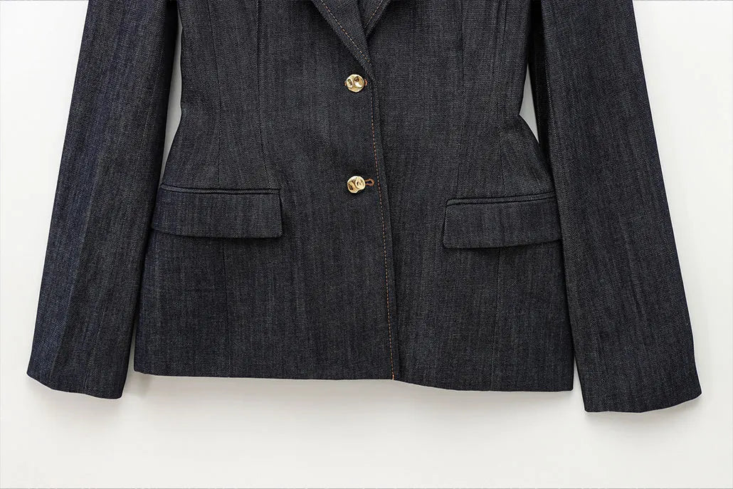 Women's Denim Jacket and Pants Set with Long Sleeve Blazer, Strapless Vest, and Straight Leg Jeans Fashion Outfit