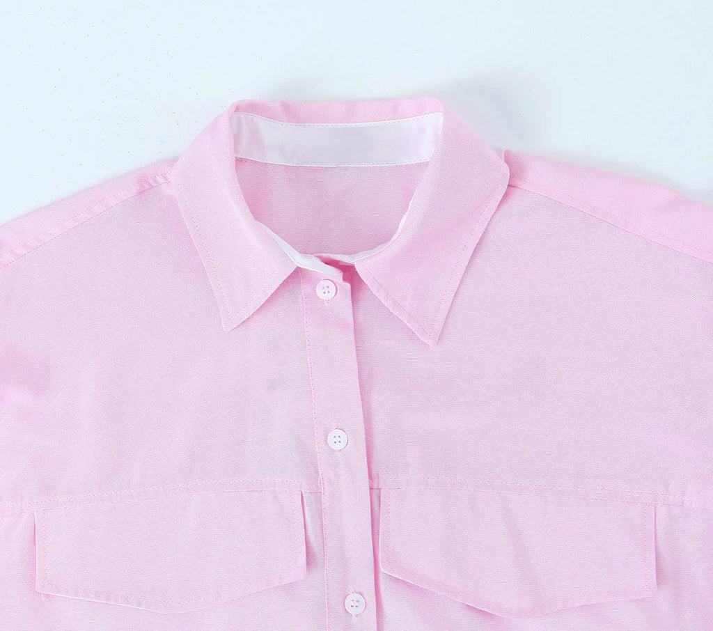 Women's Pink Patchwork Cropped Shirt Long Sleeve Button-Up Blouse Trendy Streetwear Top for Ladies