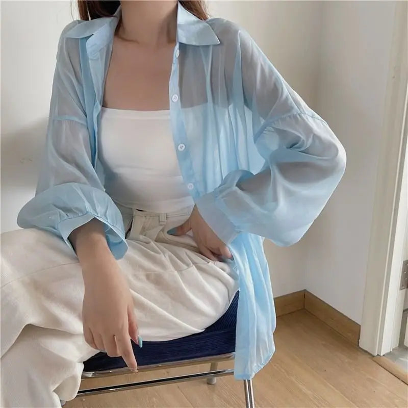 Women's Lightweight Sheer Chiffon Sunscreen Blouse Loose Fit Breathable Summer Shirt All Match Sun Protection Top