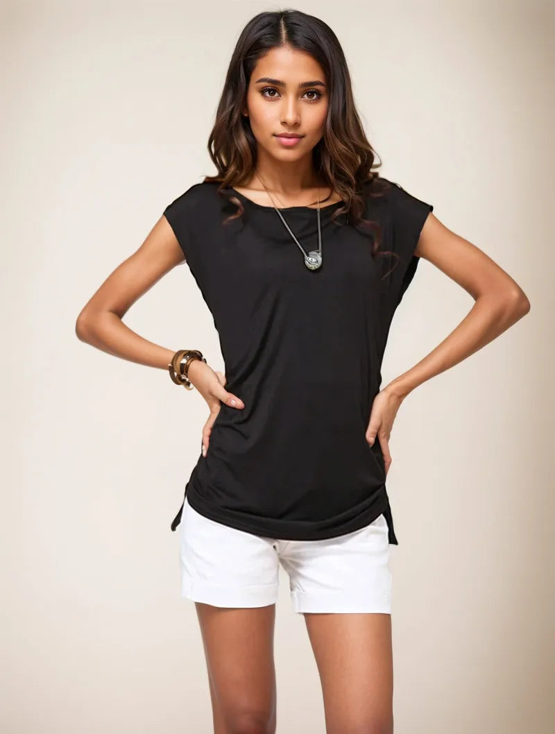 Round Neck Elastic Short Sleeve Pink Women's T-Shirt Loose Fit Retro Summer Top