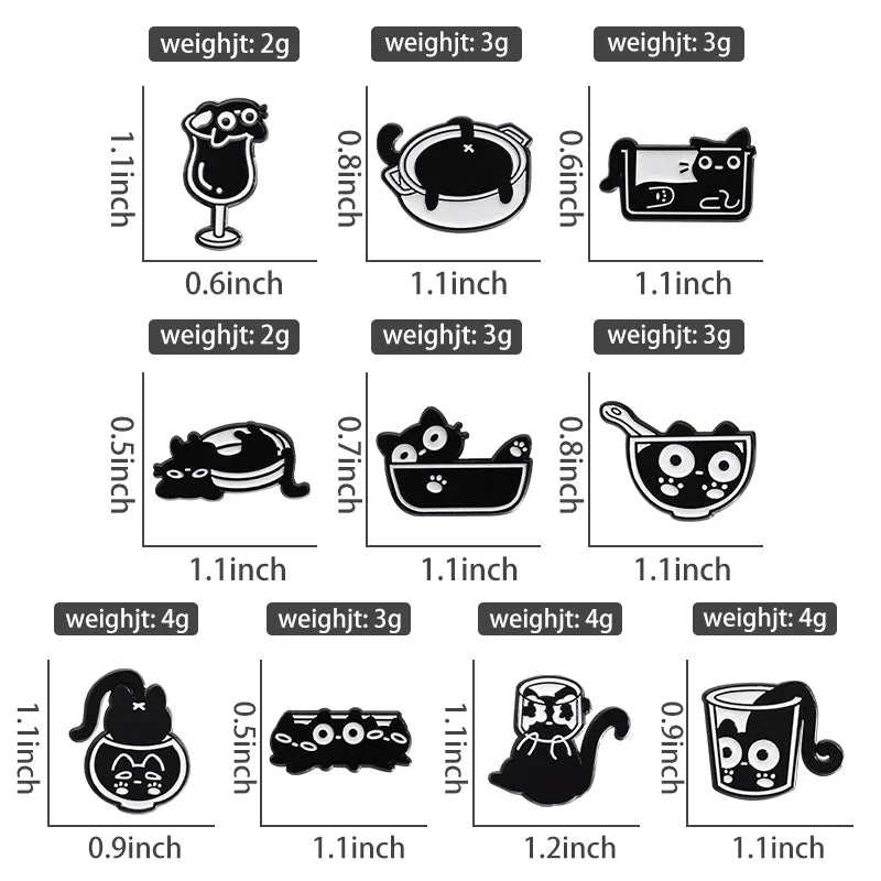 Cute Cat Enamel Pins Set of 4 to 6 Black Fluid Cat Brooches Lapel Badges Unique Animal Jewelry Gift