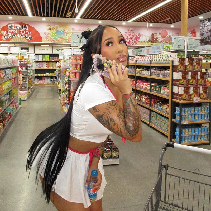 Women Two Piece Party Outfit Set Sexy Short Sleeve Crop Top and High Waist Pleated Mini Skirt Summer Fashion Ensemble