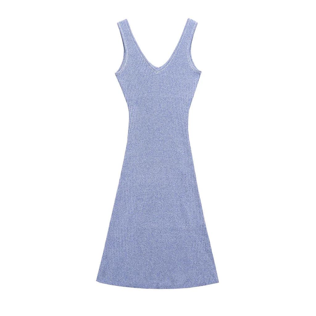 Sleeveless V Neck Knitted Dress With Suspender Straps