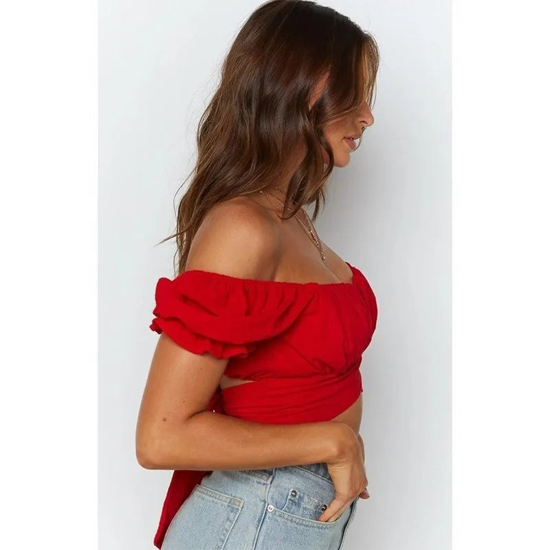 Women's Butterfly Tie One Shoulder Monochromatic Top with Sweet Back Tie and Short Sleeves