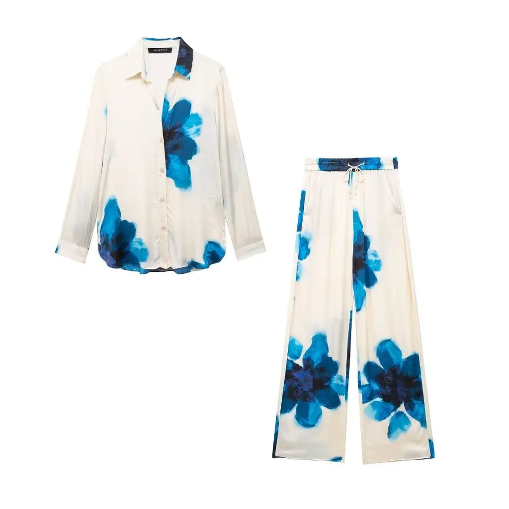 Trendy Summer Suit for Women with Printed Turn-Down Collar Long Sleeve Shirt and Elastic Waist Lace-Up Pants