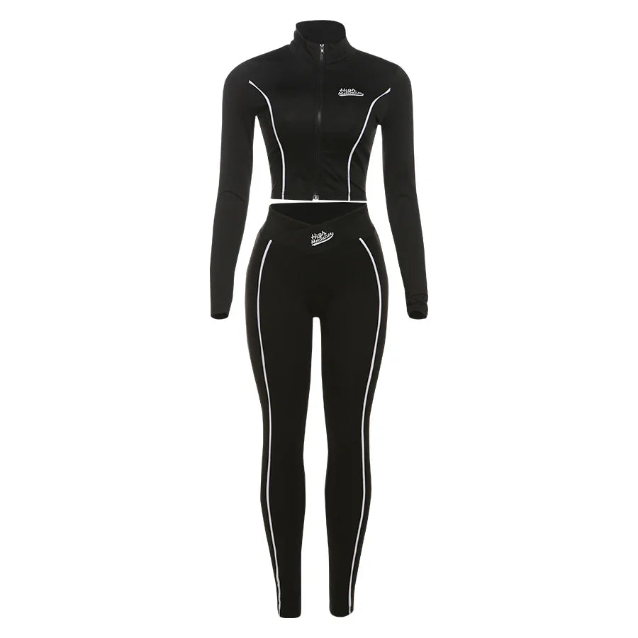 Casual 2 Piece Tracksuit Set with Zip Crop Jacket and Leggings for Sporty Streetwear