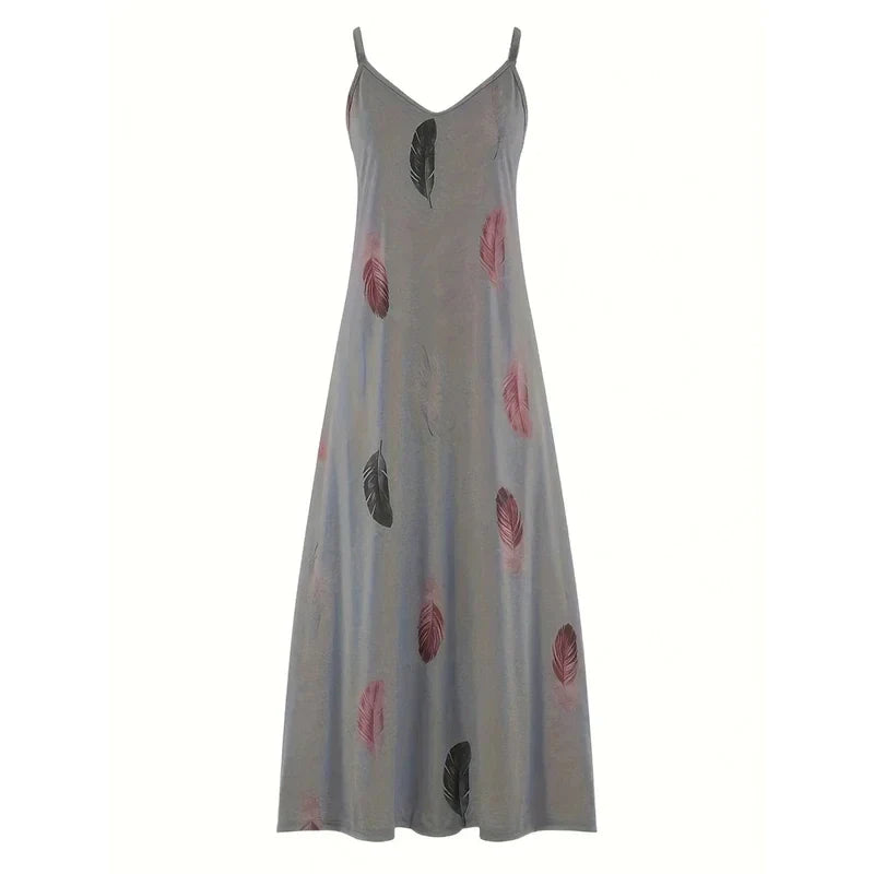 Feather Print Maxi Dress V Neck All Season Comfort Stretch