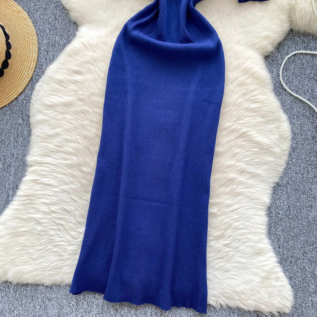 Women Square Collar Knit Dress Short Sleeve Wrap Sheath