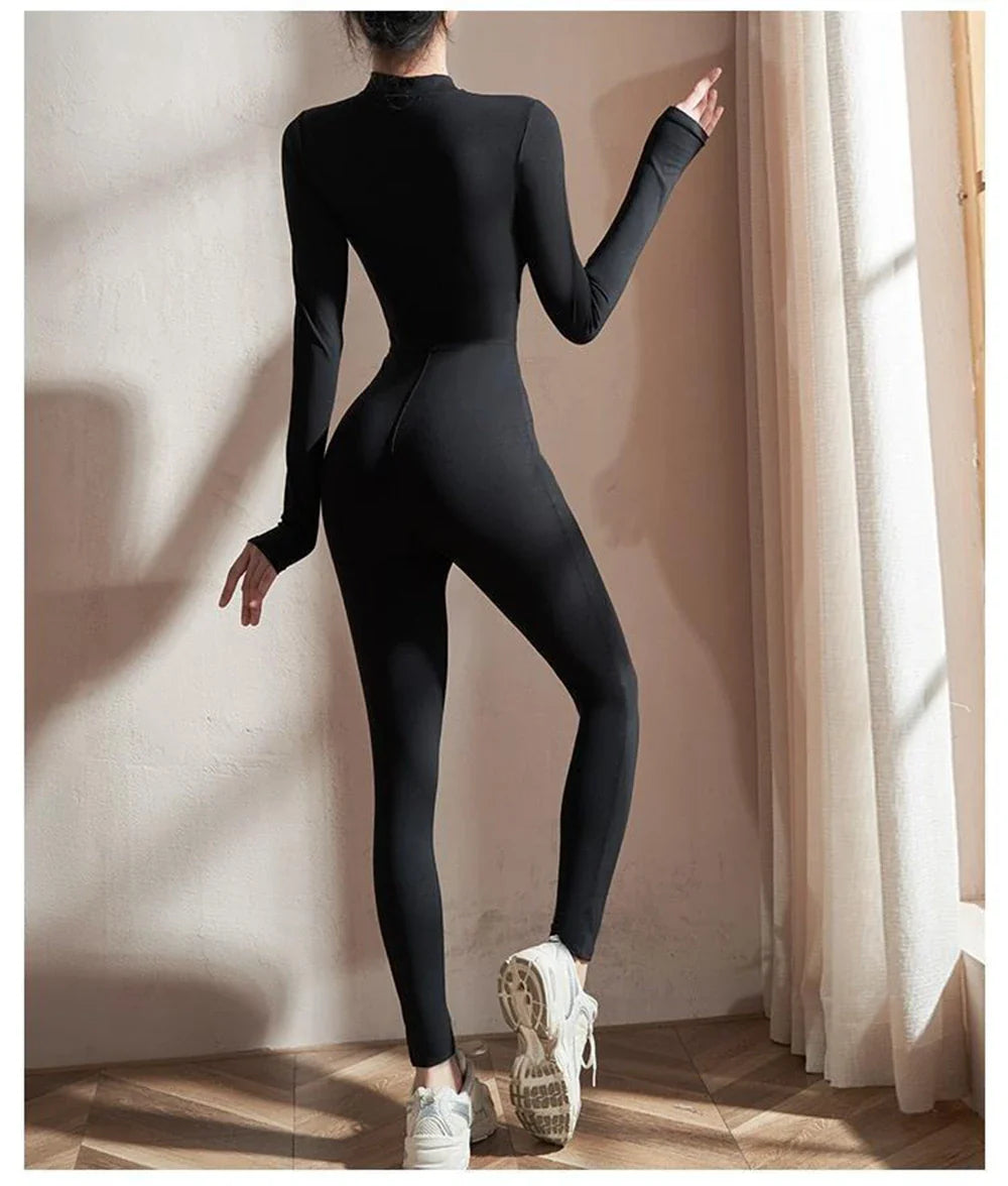 Womens Long Sleeve Yoga Jumpsuit Slim Fit Stretch One Piece Romper with Front Zipper Sexy Fitness Activewear Tight Basic Sportwear