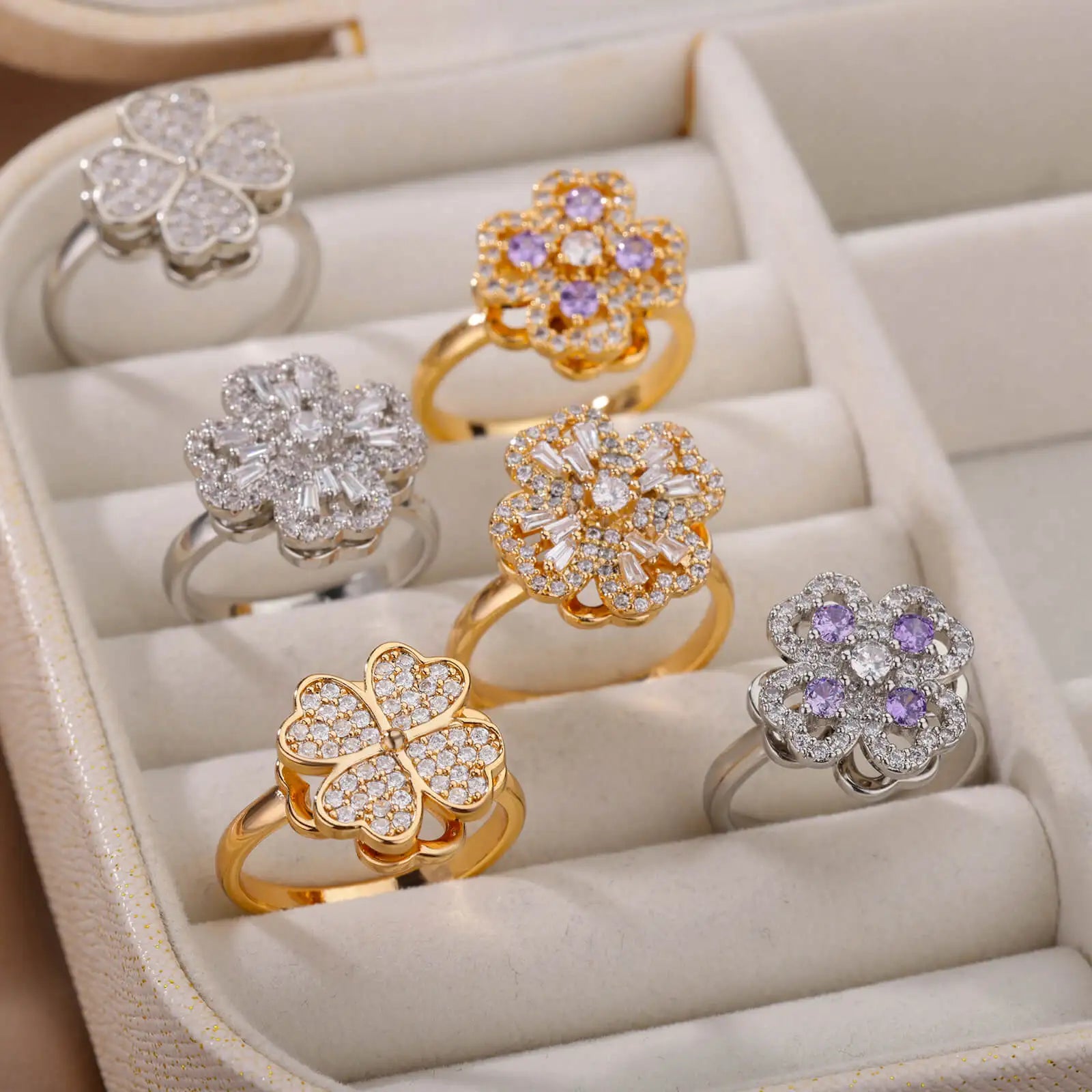 Spinner Zircon Heart Four Leaf Clover Fidget Ring for Women Stainless Steel Anti Stress Anxiety Jewelry Gift