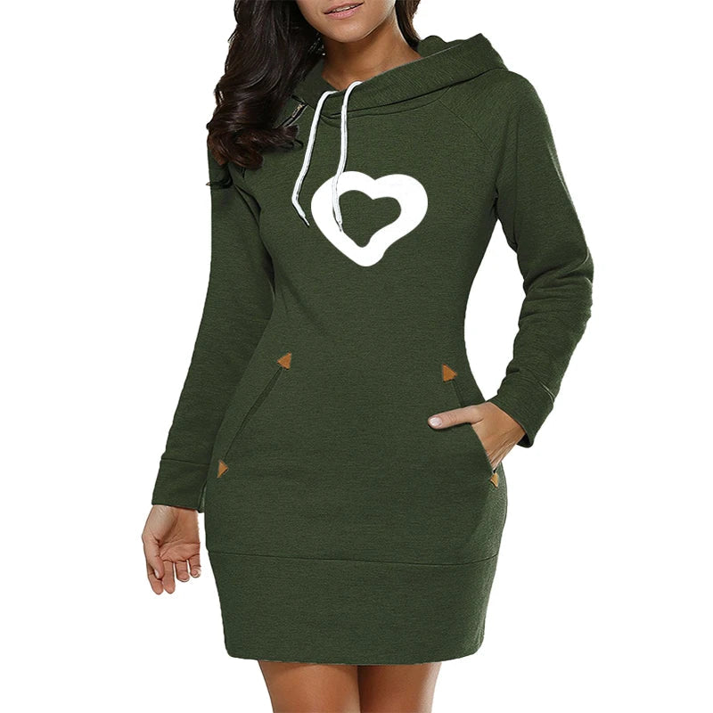 Womens Hooded Midi Dress With Pockets Zip Neckline Casual