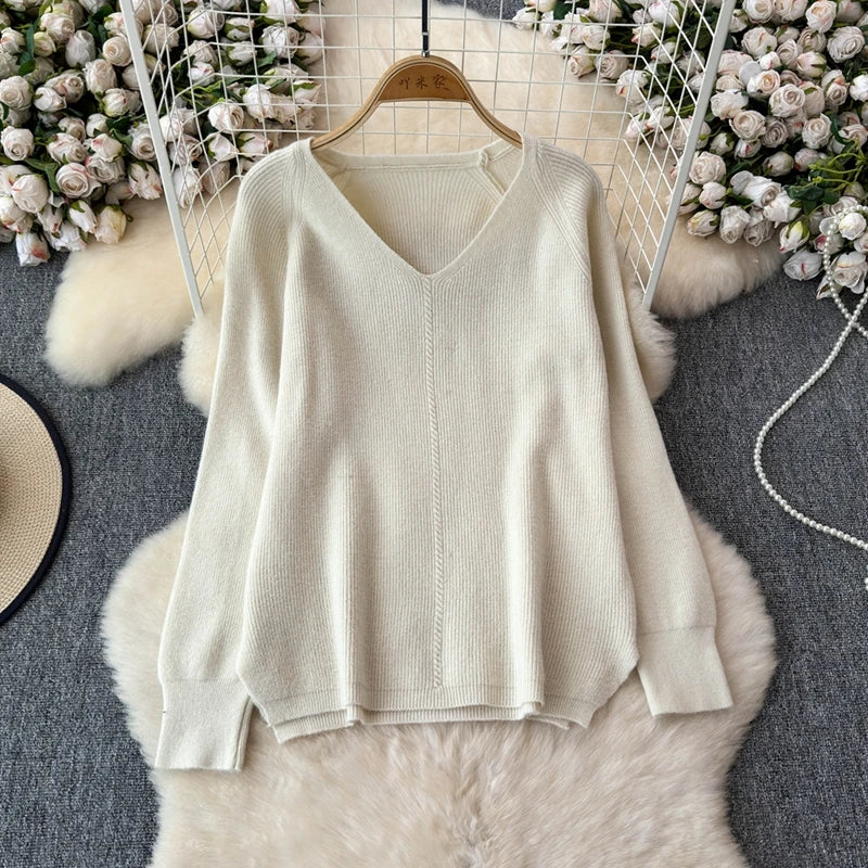 Cozy Knitted Two-Piece Women's Tracksuit Set with V-Neck Sweater and Straight Jogging Pants Autumn Winter Lounge Wear