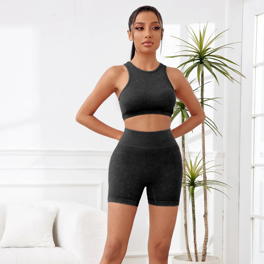 2PCS Women's Ribbed Seamless Sports Set with High Waist Lift Hip Gym Pants and Solid Color Elastic Yoga Vest