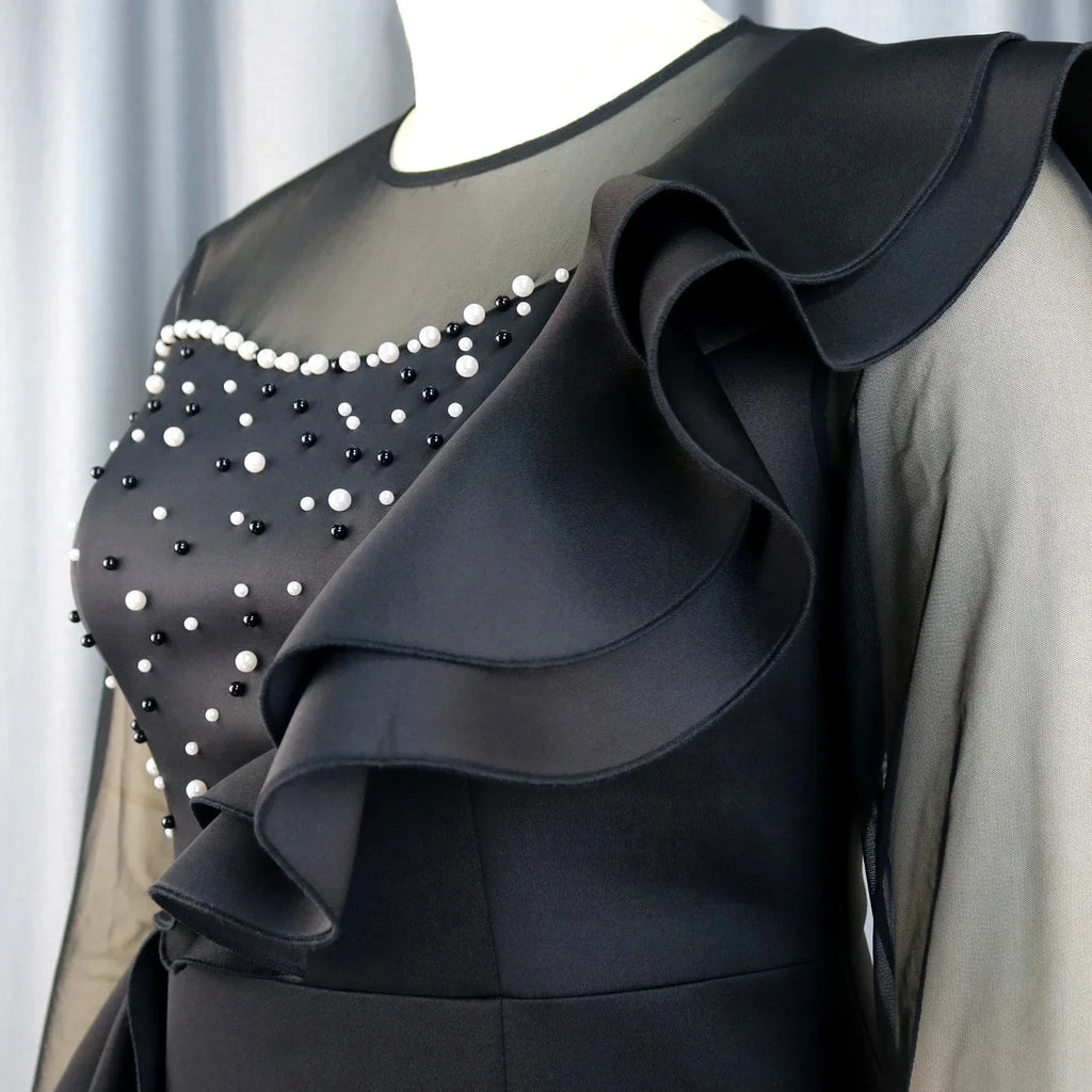 Elegant Beaded O Neck Sheath Dress With Ruffles Mid Calf